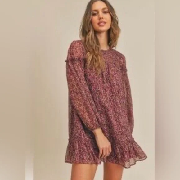 Sadie & Sage "Dear Rosaline" Floral Mini Shift Dress Long-Sleeve Ruffle Dress - Picture 1 of 8